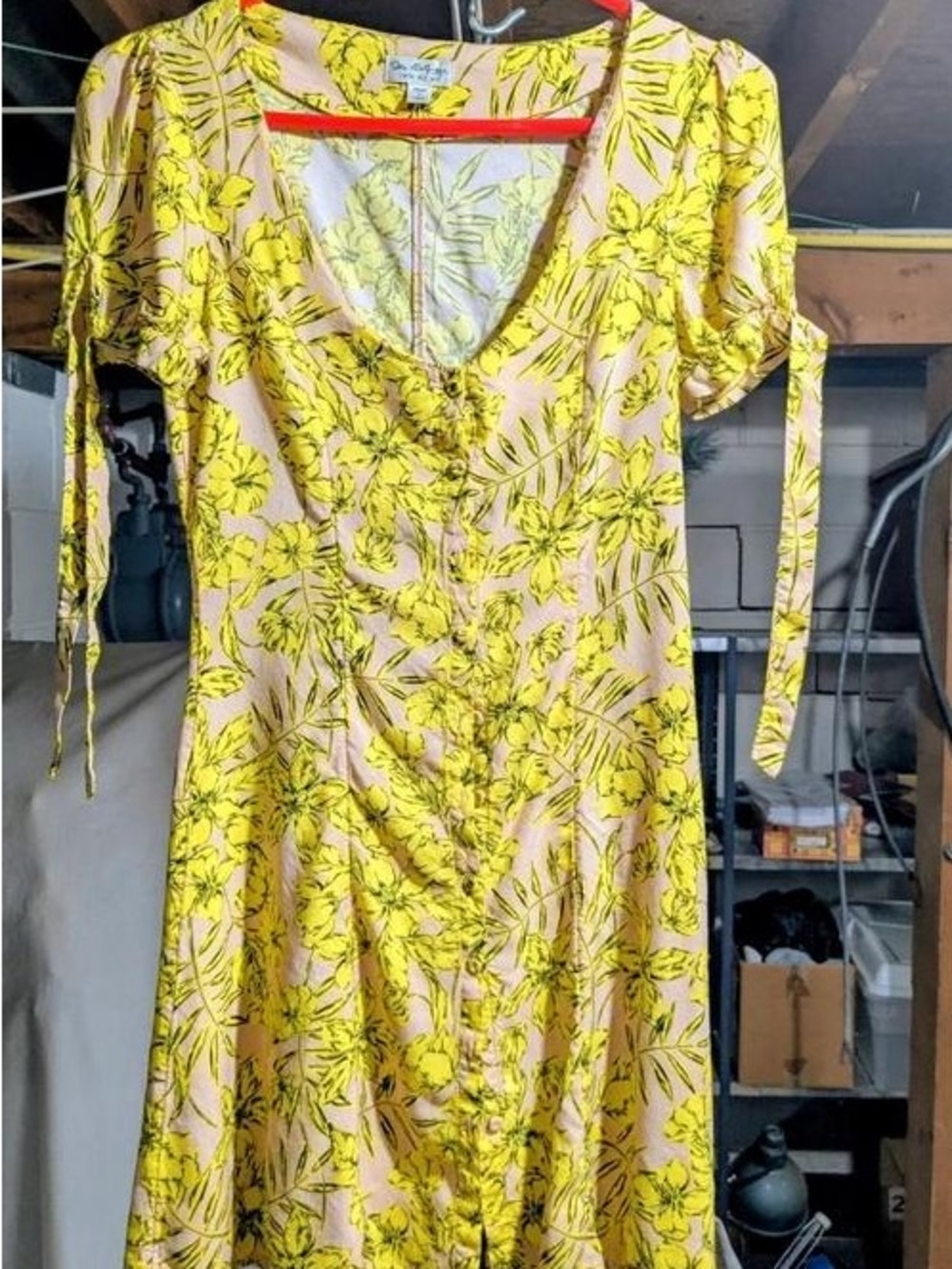 Floral Yellow Midi Dress with Tie Sleeves